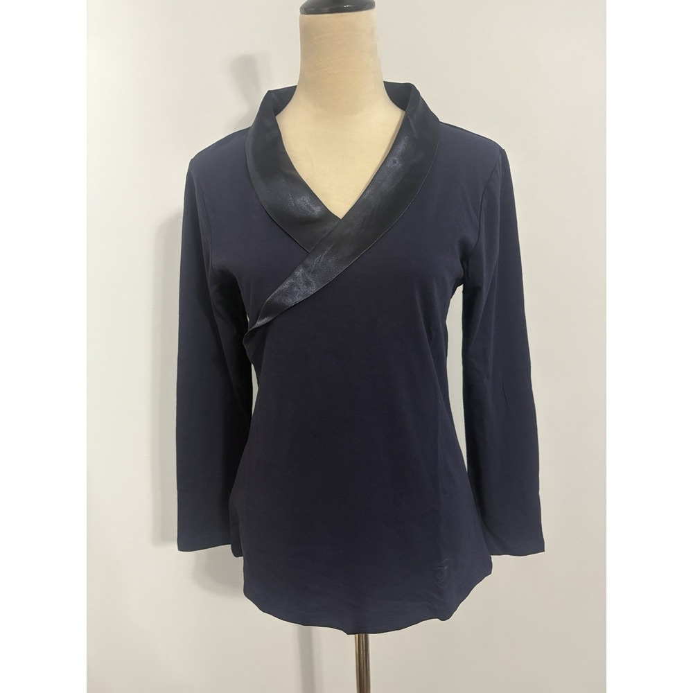 Temperley London Navy Blue Satin Collar Wrap Knit Top Blouse Long Sleeve S Small